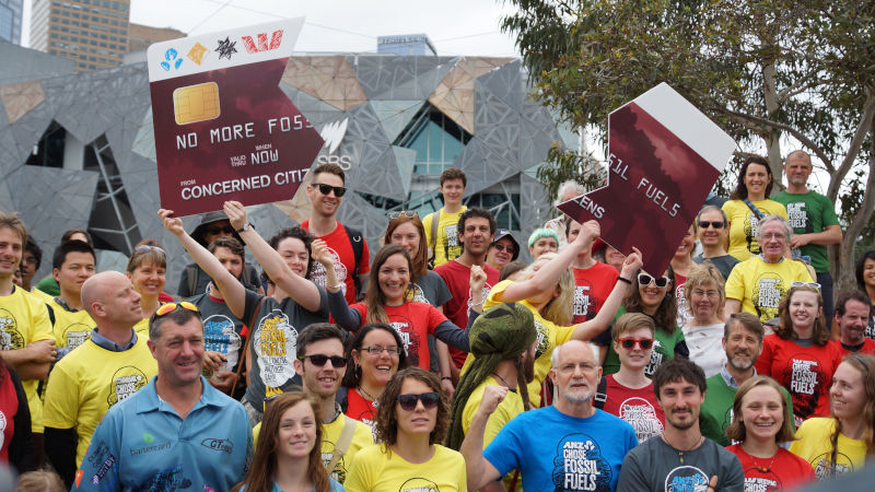 Concerned community members say 'No more fossil fuels' to the banks.