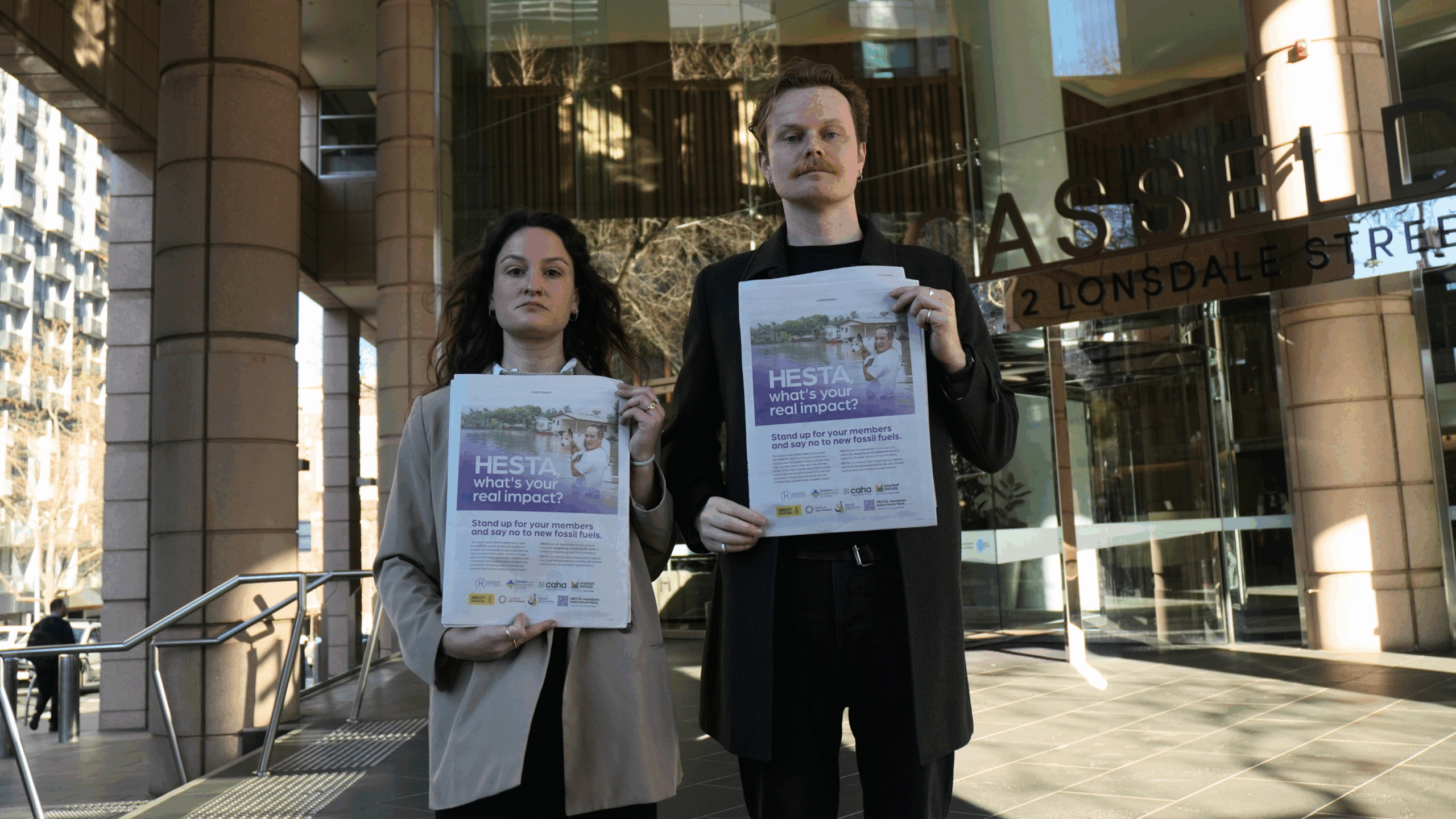 We handed out copies of the full page ad outside HESTA’s Melbourne office.